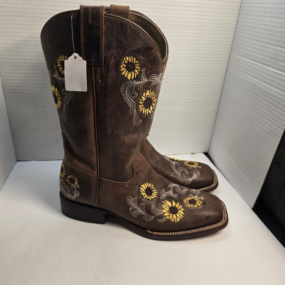 Shyanne Womens Sunflower Embroidered Brown Leather Square Toe Western Boots 9.5B - Picture 2 of 6